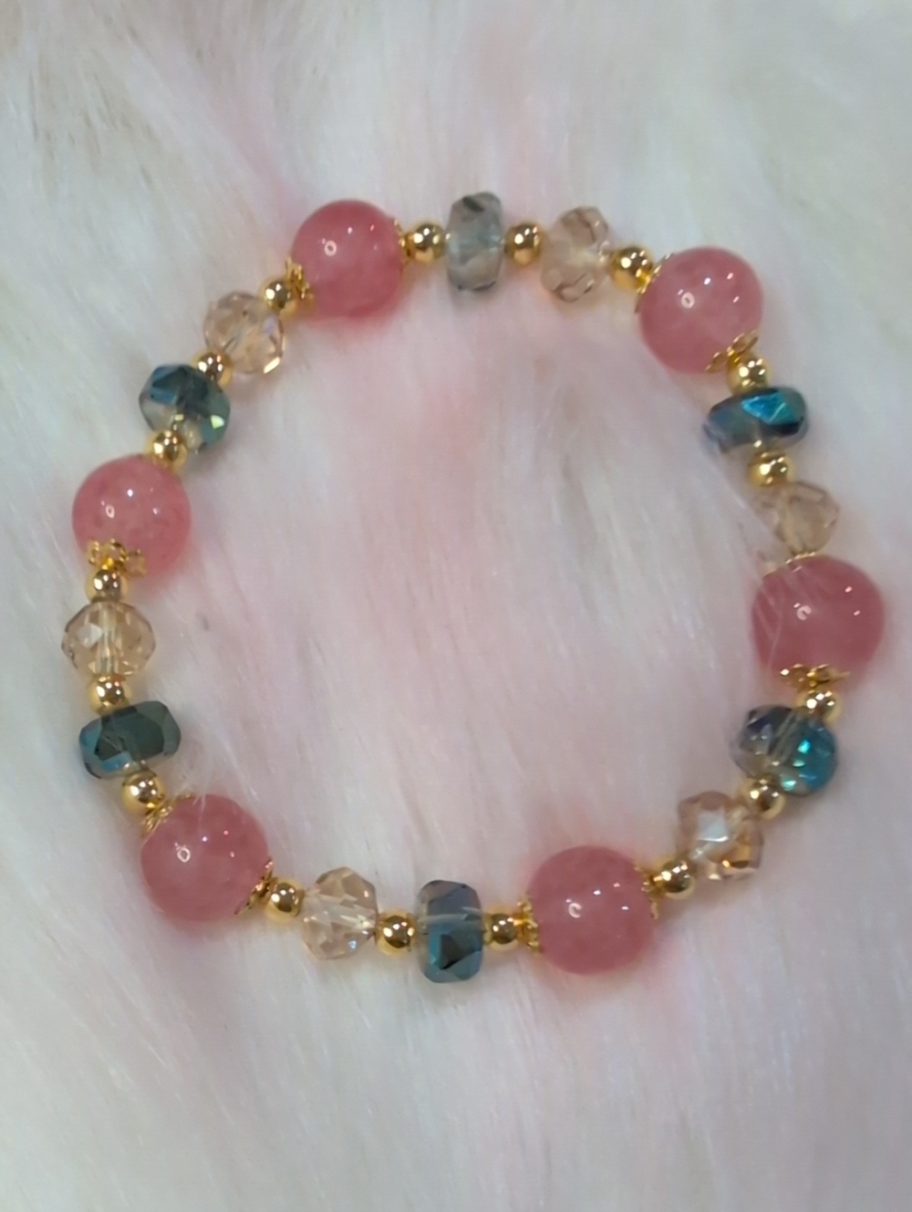 Elegant Pink And Blue Beaded Stretch Bracelet with Gold Tone Accents
